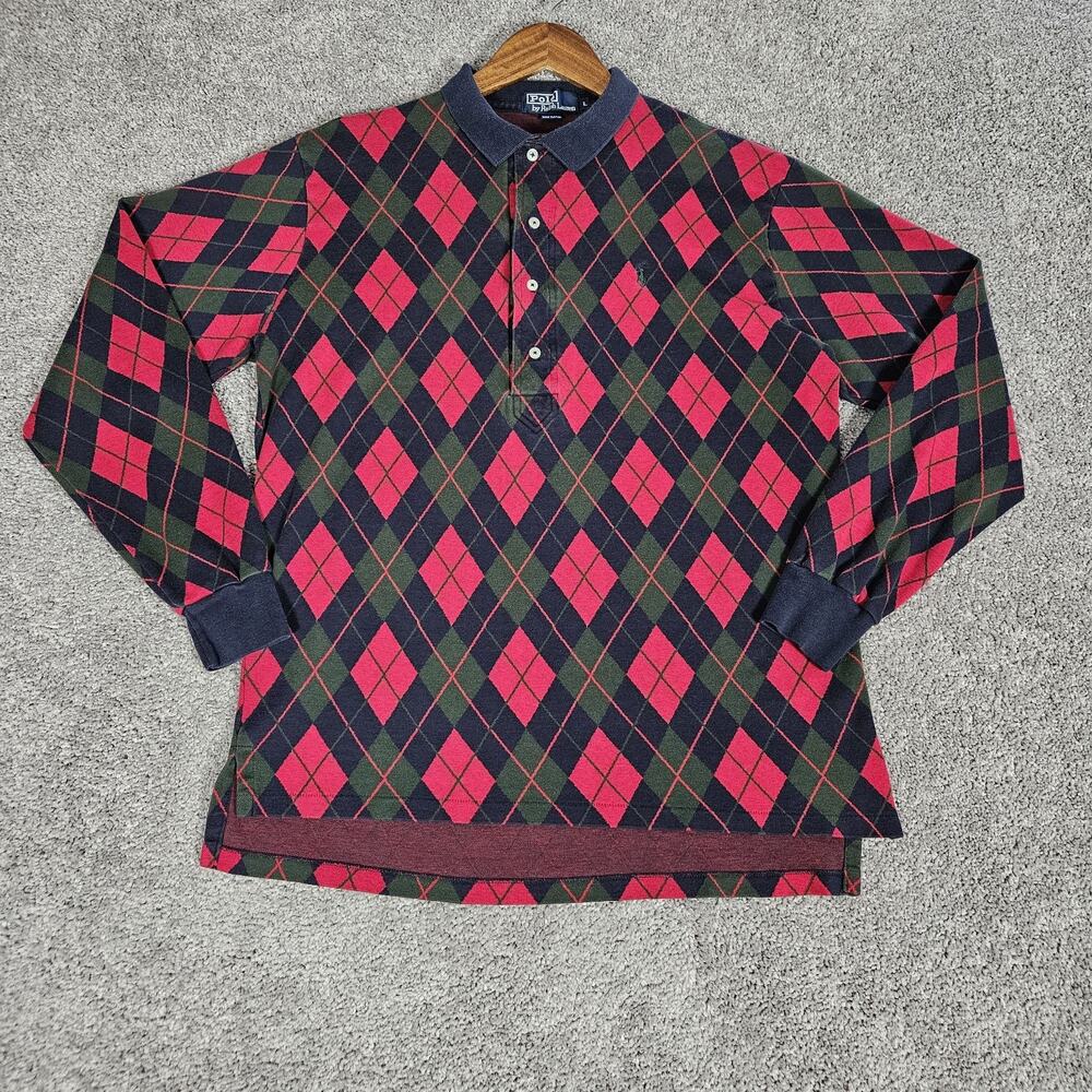 Vtg Polo Ralph Lauren Shirt Men's Large Red Green Argyle Made In USA Preppy